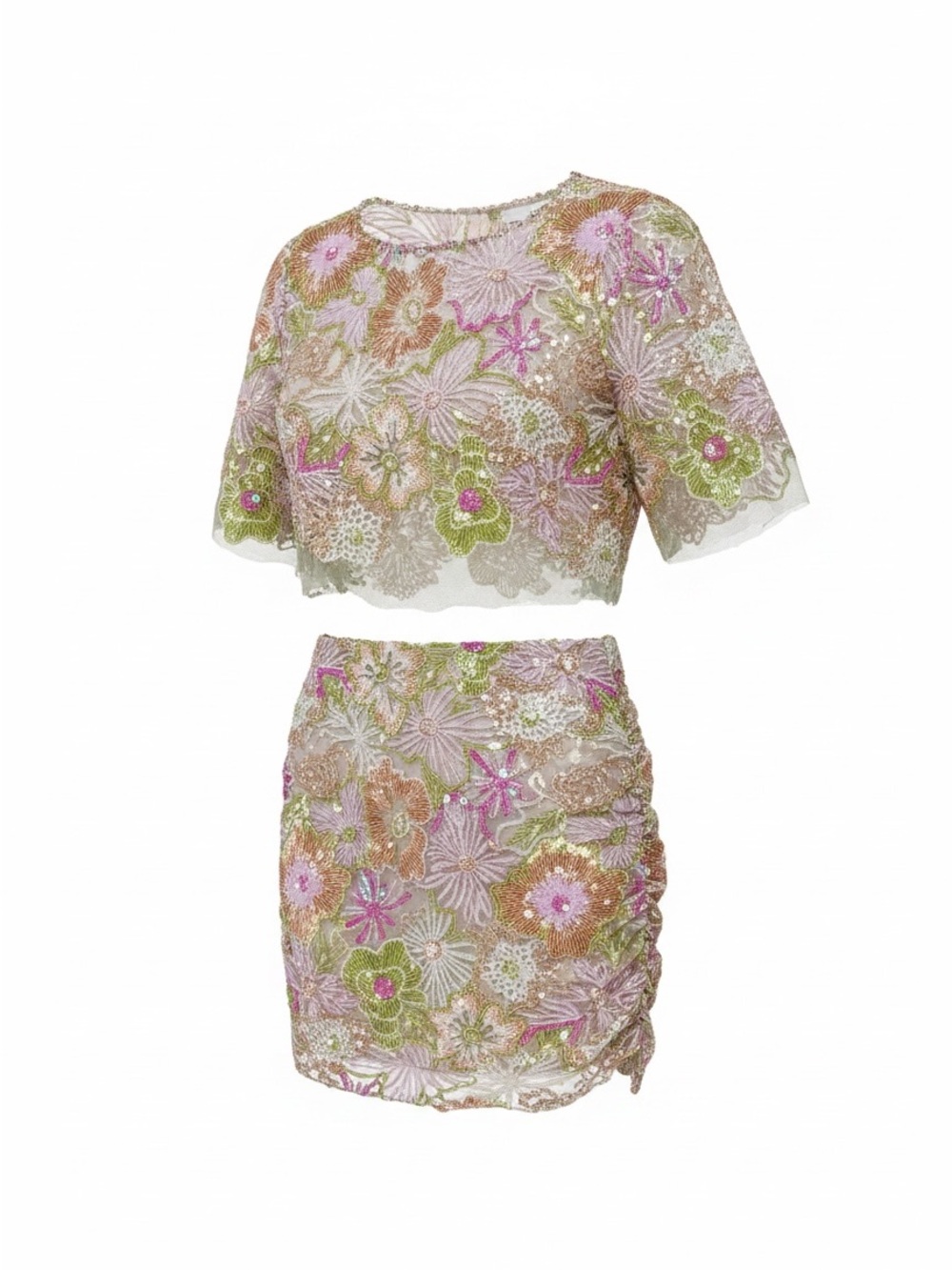 Floral Embroidered Two-Piece Crop Top and Skirt Set - UK Boutique Rare Sequins